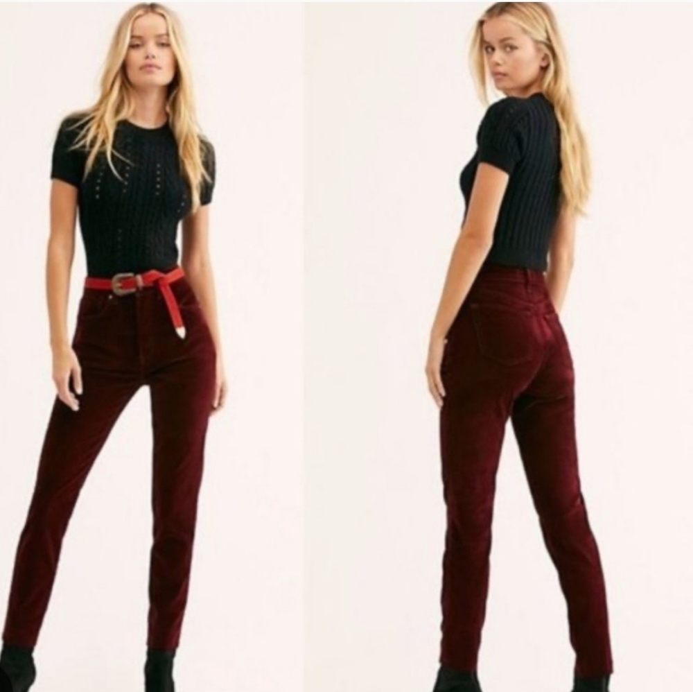 FP We The Free Stella Wine Velvet Pants High Rise Skinny Fly Butrons Size 26